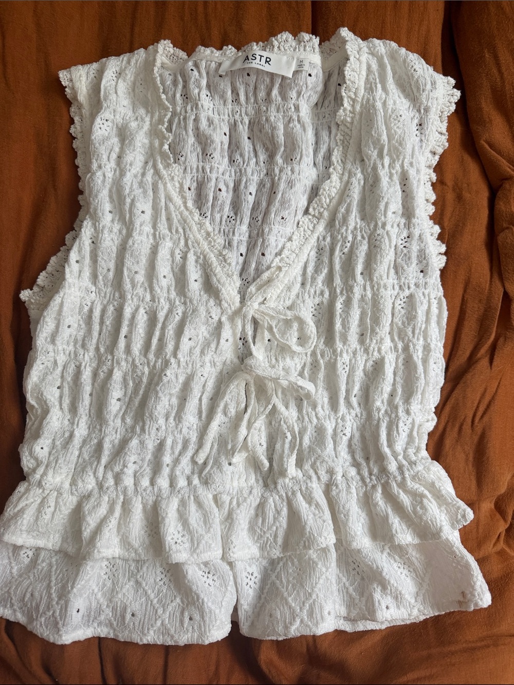 Astr White Eyelet Tie-Front Ruffle Tunic